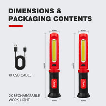 Load image into Gallery viewer, TOPEX 2 Pack Rechargeable Work Light, 2000 Lumens Magnetic LED Work Light with Hooks, 360° Rotation 3 Modes Light &amp; 1/4" Thread for Car Repair