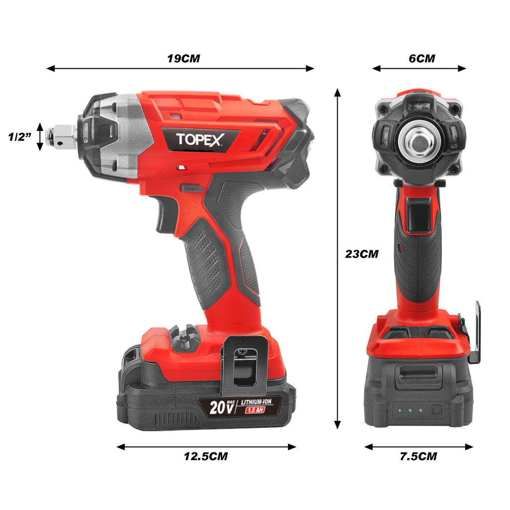 TOPEX 2 in 1 20V Cordless Impact Wrench Driver 1/2" w/ Sockets Battery & Charger(Two Batteries)