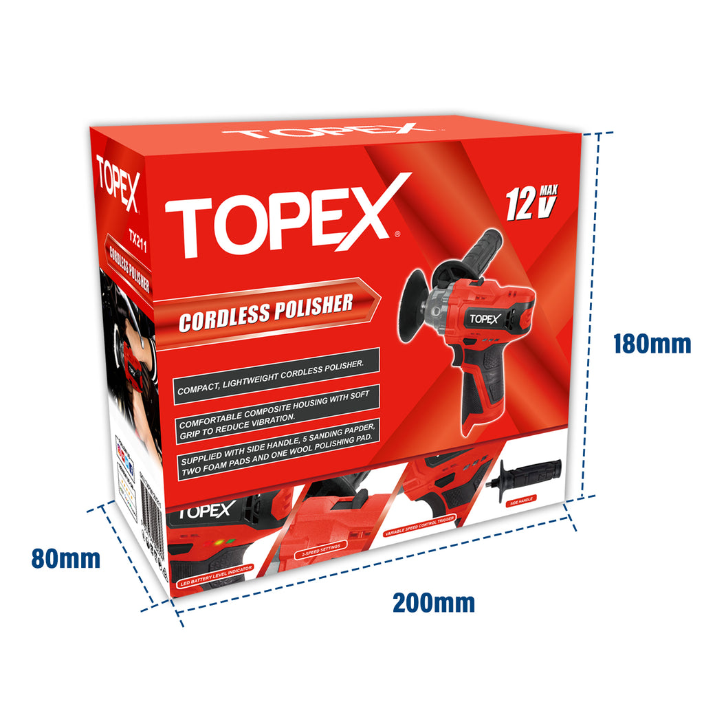 TOPEX 12V Cordless Polisher 3" Mini Car Detailing Buffer & Sander w/ Battery & Charger
