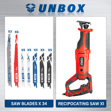 Load image into Gallery viewer, TOPEX 920W Reciprocating Saw w/ 34 Pcs Blades  Quickly Cut Depth in Wood and Metal Cutting