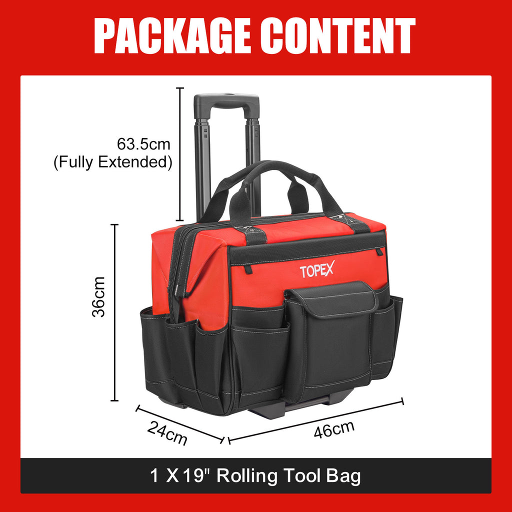 TOPEX 19 Inch Rolling Tool Bag, Tool bag with Wheels, 19 Functional Pockets Tool Organiser, Roomy Storage Tool Tote Bag with Adjustable Telescoping Handle