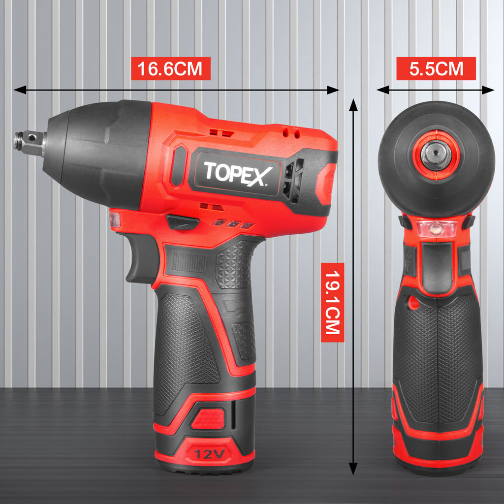 TOPEX 12V Cordless Impact Wrench with 3/8-Inch Chuck, Torque Max 120 N.m, 6 Sockets