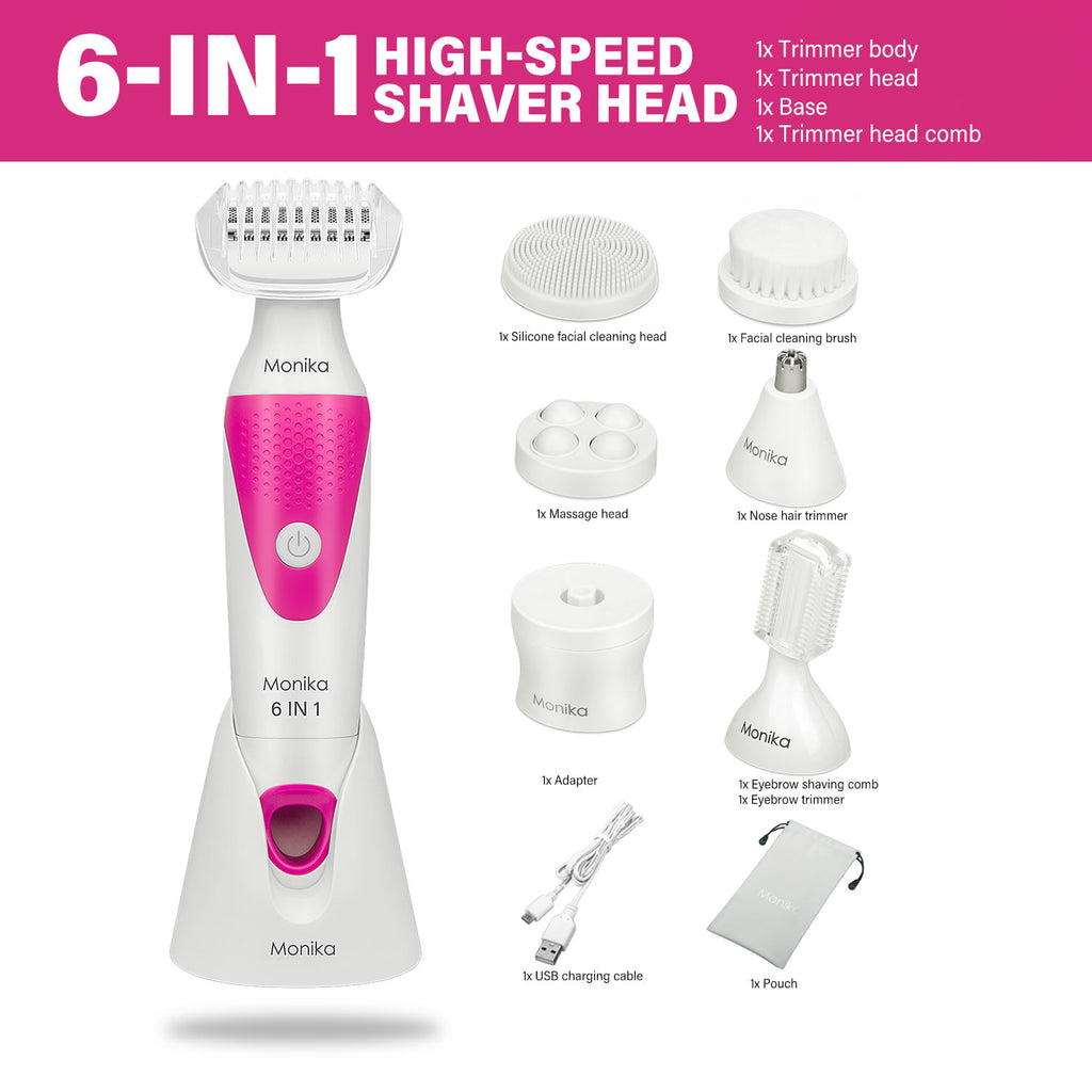 Monika 6-in-1 Electric Lady Shaver, Cordless for Woman Face/Leg/Underarm, Micro USB Portable