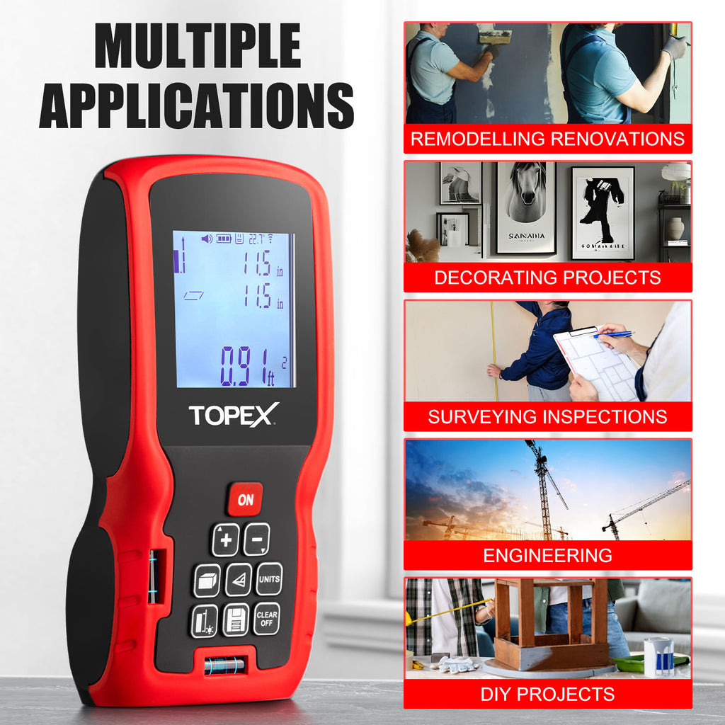 TOPEX Laser Distance Meter Laser Measurement Tool Laser Measure Digital Laser Measurer Measure Distance Area and Volume Battery Included