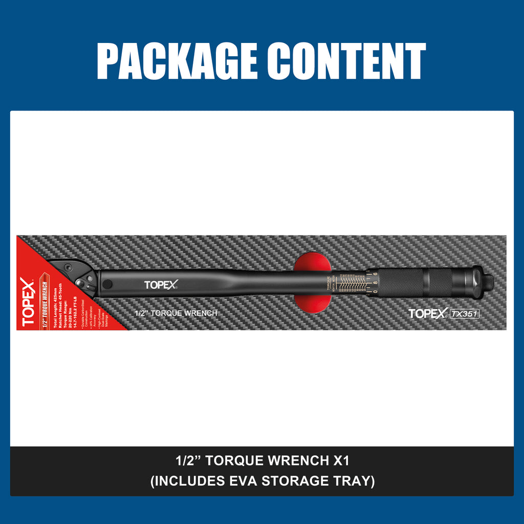 TOPEX 1/2" Torque Wrench, 20-220 Nm / 14.7-162.2 ft-lb, Dual Scale, Heavy Duty for Automotive & Mechanical Use
