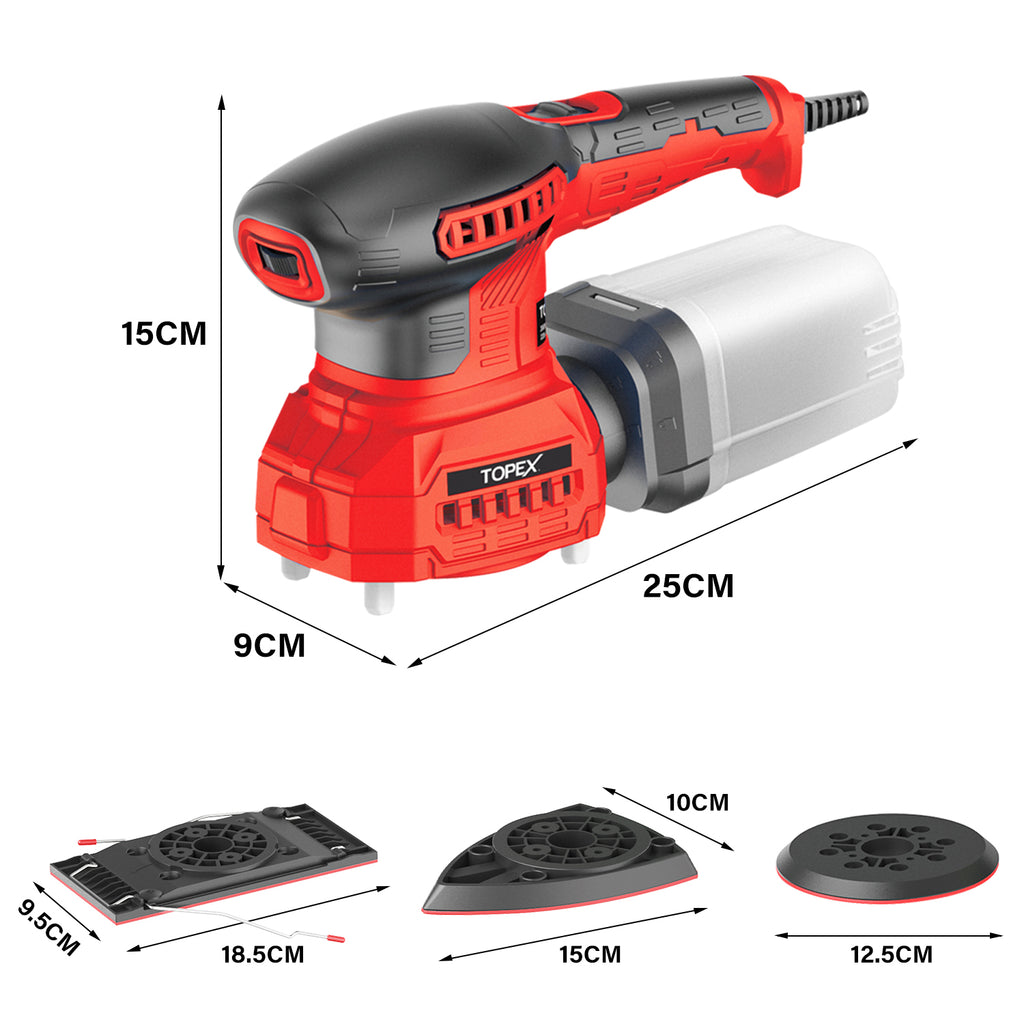 TOPEX 3in1 200W Electric Finishing Sander Sanding Tool 6 Speeds 3 Sanding Base Plate Size