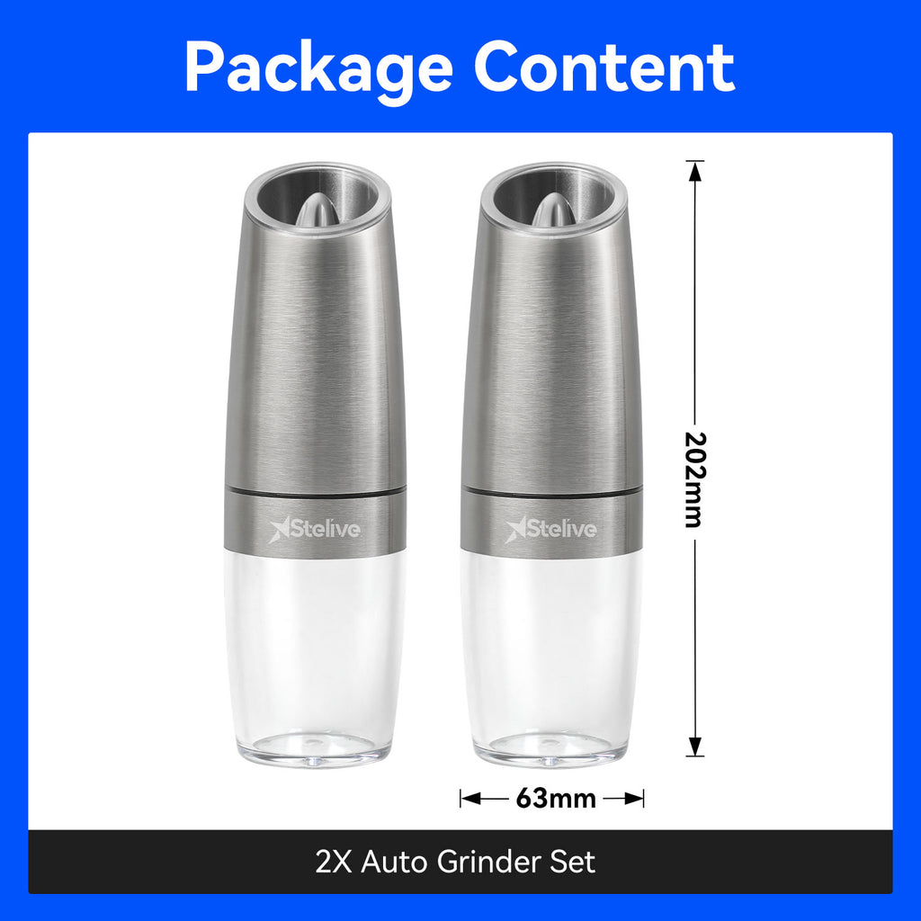 Stelive 2-Piece Auto Salt and Pepper Grinder Set, Auto Salt and Pepper Mills Set, Electric Salt and Pepper Shakers, with Adjustable Coarseness for Seasoning