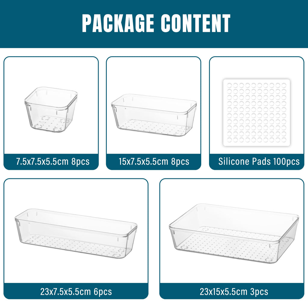 Stelive 25 PCS Clear Plastic Drawer Organisers Set, 4-Size Versatile Bathroom and Vanity Organiser Trays, Non-Slip Storage Containers & Bins