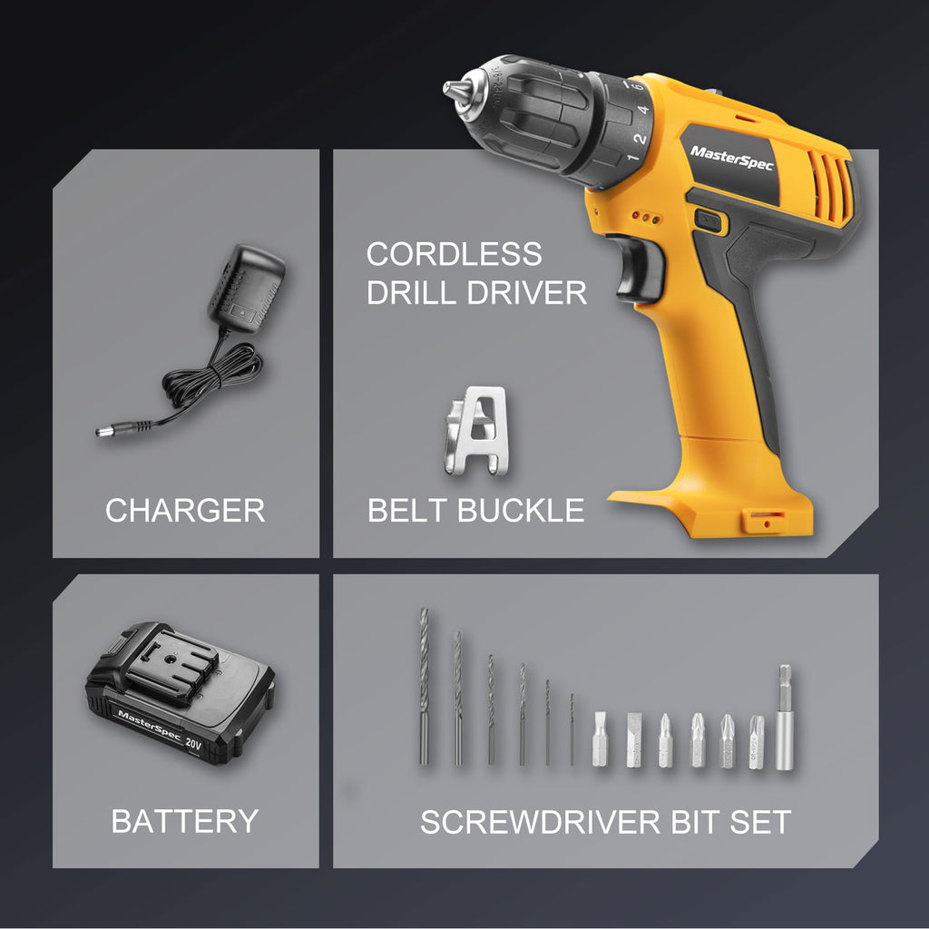 MasterSpec 20V Max Cordless Drill 30N.m 18+1+1 Torque Electric Power Drill Kit w/Li-Ion Battery Pack& Screwdriver Bit Set LED Light