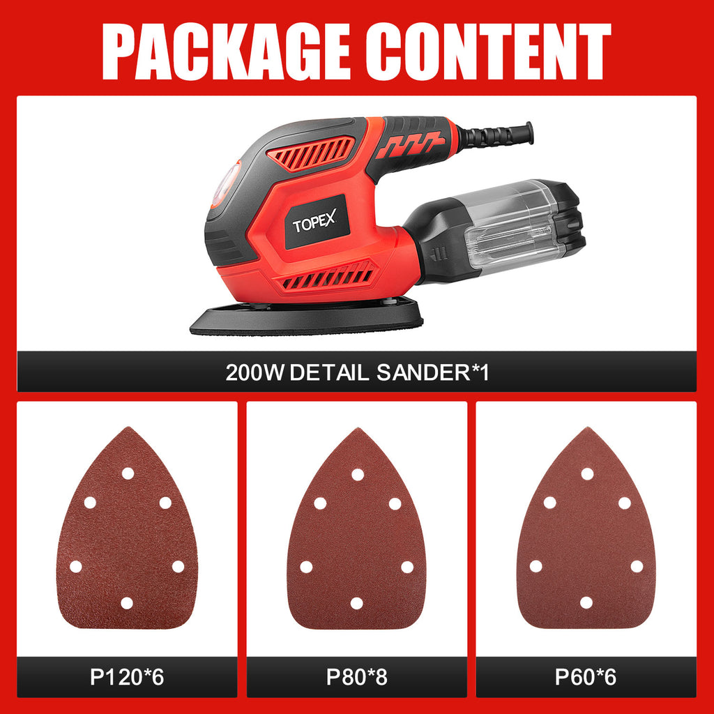 TOPEX 200w Electric Detail Sander with Sandpaper Polisher&Dust Box Small Triangular Palm Sander