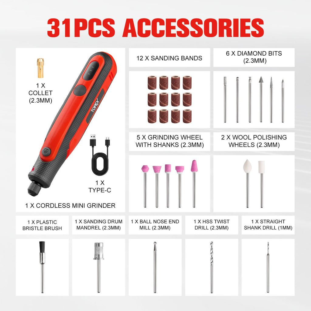 TOPEX 4V  MAX Cordless Mini Grinder, 3-Speed Electric Rotary Tool & Engraving Pen with 31 Accessories