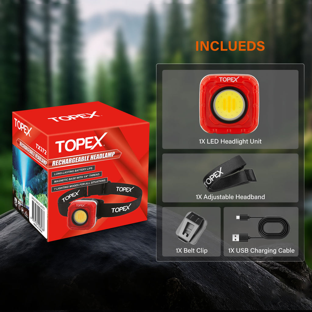 TOPEX Rechargeable Headlamp with 7 Light Modes & 10H Runtime, IP64 Waterproof, Ergonomic Design for Camping Hiking Running Cycling Fishing