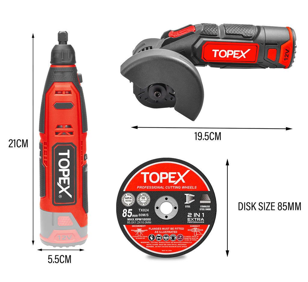 TOPEX 12V Cordless Rotary Tool Speed 5000-25000rpm With 12V Cordless Angle Grinder,12V 2.0Ah Lithium-Ion Battery&14.4V /0.4A charger
