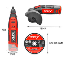 Load image into Gallery viewer, TOPEX 12V Cordless Rotary Tool Speed 5000-25000rpm With 12V Cordless Angle Grinder,12V 2.0Ah Lithium-Ion Battery&amp;14.4V /0.4A charger