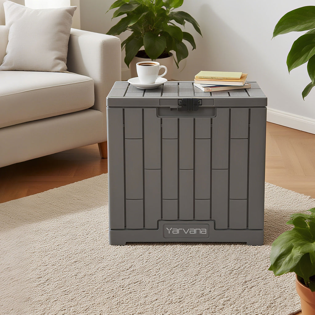Yarvana Indoor/Outdoor Storage Box 30 Gal/113L with Lockable Lid Ottoman Chair Seat for Toys, Gardening Tools, Waterproof and UV Resistant, Gray