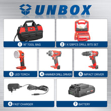 Load image into Gallery viewer, TOPEX 20V Cordless Hammer Drill Impact Driver Power Tool Combo Kit w/ Drill Bits &amp; Tool Bag