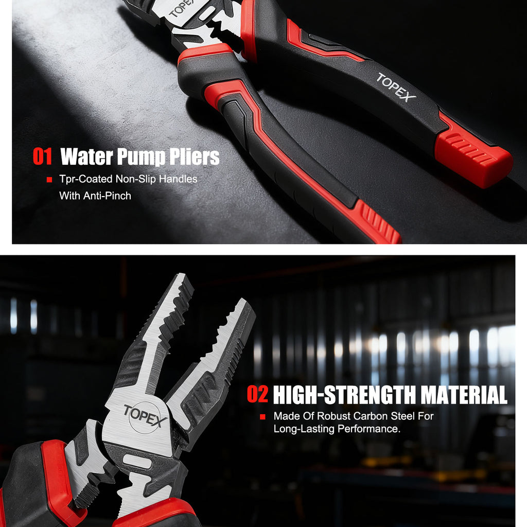 TOPEX 4 Piece Pliers Set (190 mm Diagonal Cutters, 200 mm Combination Pliers, 200 mm Long Nose Pliers, 250 mm Water Pump Pliers) for Demanding Tasks & Home Use