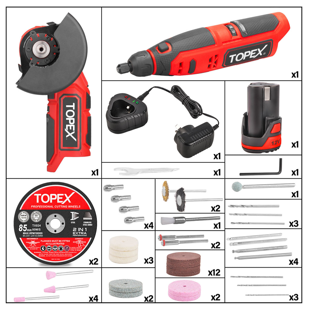 TOPEX 12V Cordless Rotary Tool  W/12V Cordless Angle Grinder & Lithium Battery