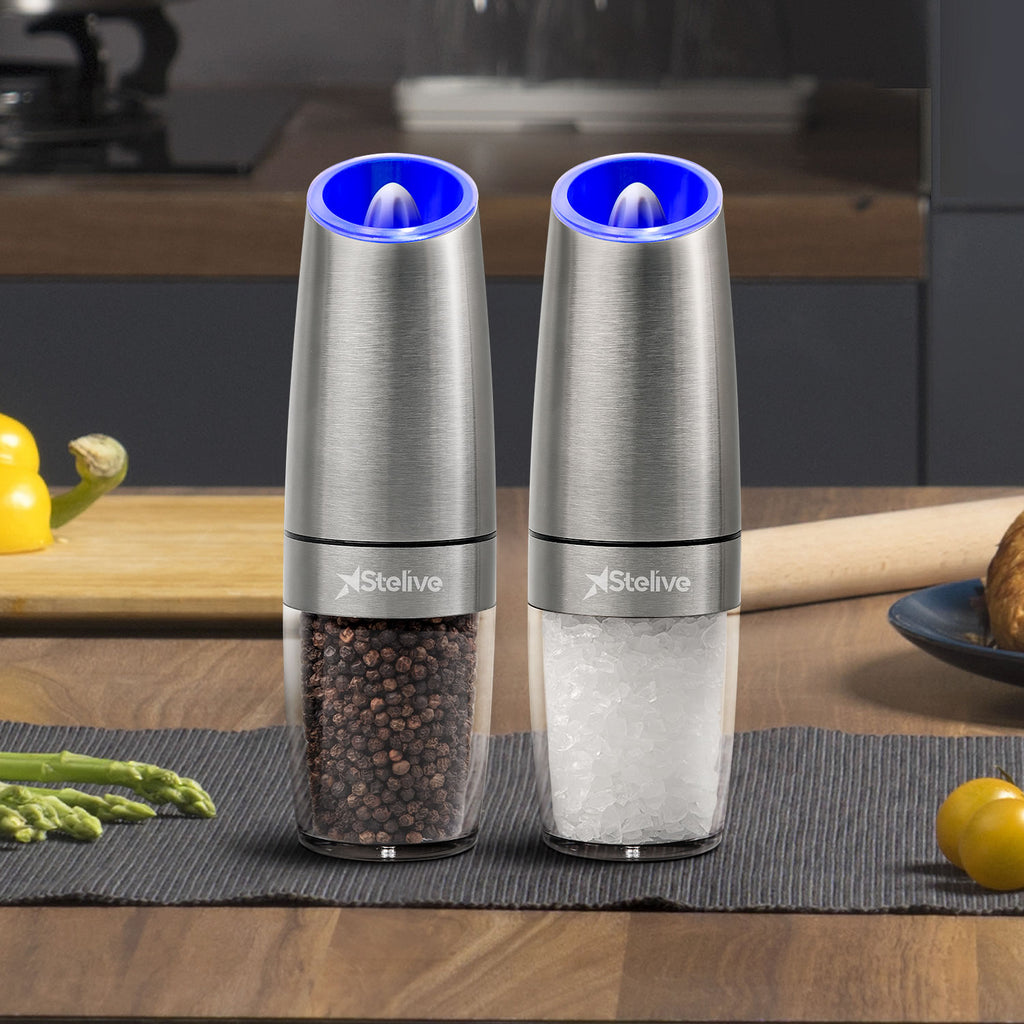 Stelive 2-Piece Auto Salt and Pepper Grinder Set, Auto Salt and Pepper Mills Set, Electric Salt and Pepper Shakers, with Adjustable Coarseness for Seasoning