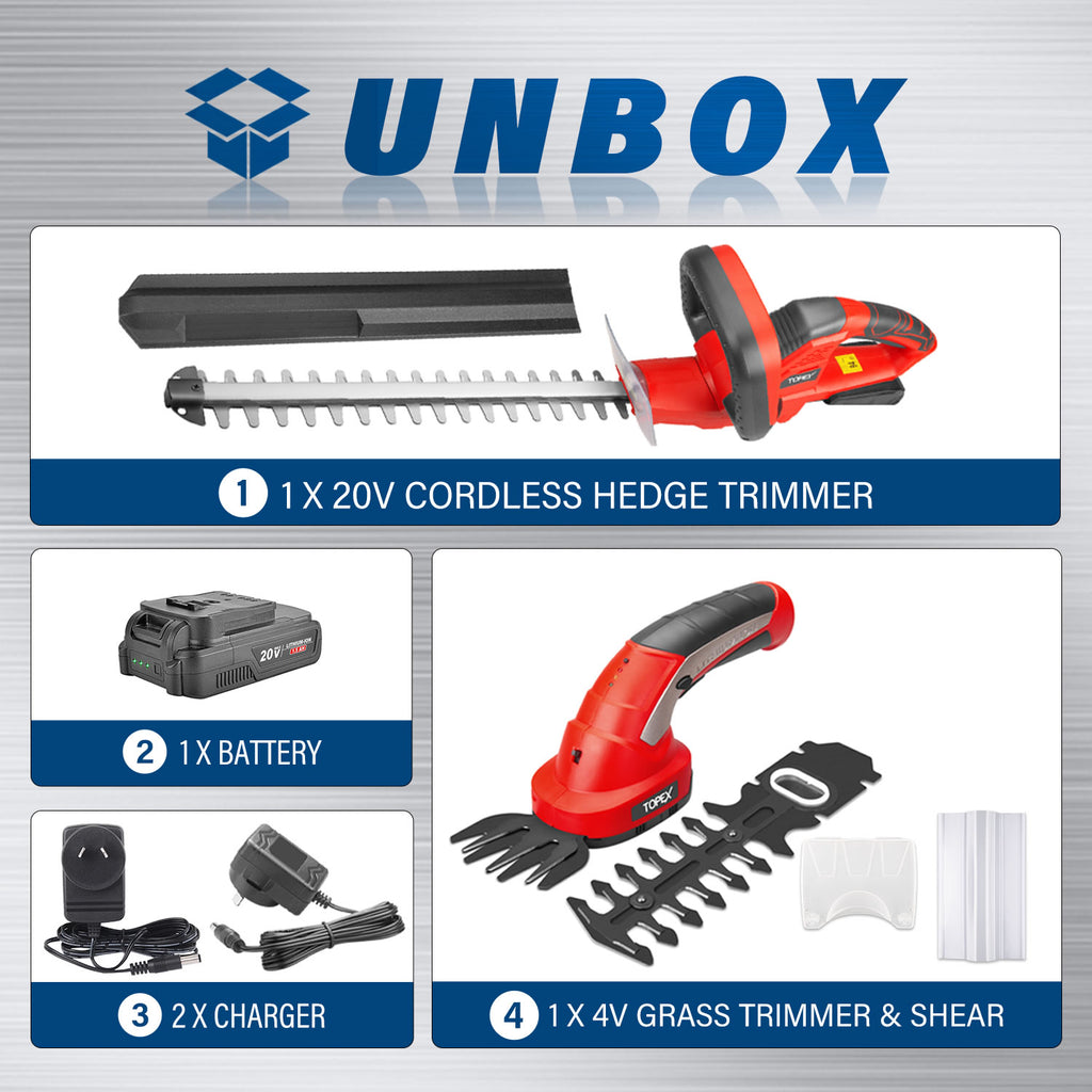 TOPEX 20V Hedge Trimmer & 4V 2in1 Grass Trimmer & Shear Combo Kit