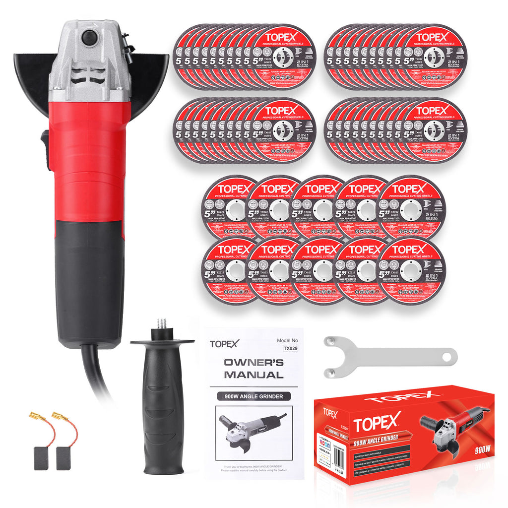 TOPEX Heavy Duty 900W 125mm 5" Angle Grinder w/ 50PCs 5" Cutting Discs