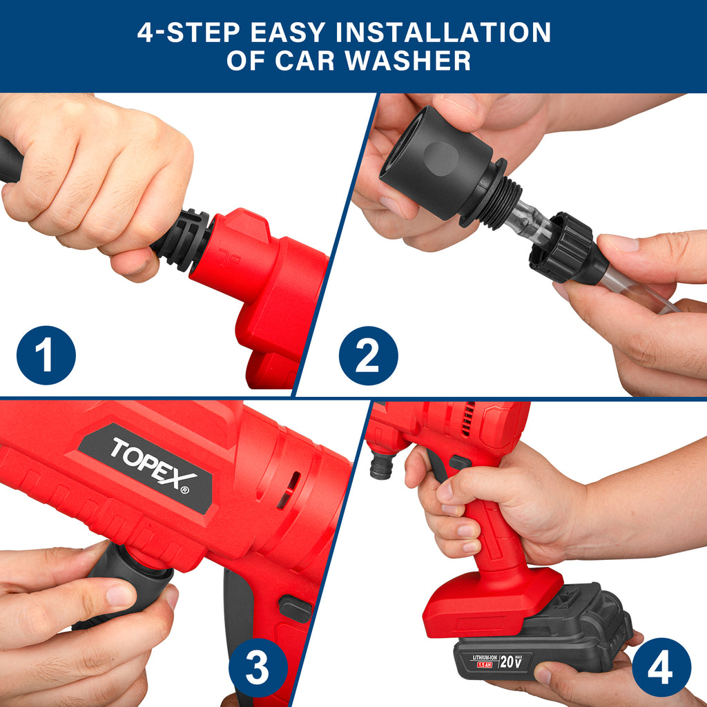 TOPEX 20V Cordless Pressure Washer, 6-in-1 Nozzle for Washing Car/Wall/Floor, Battery