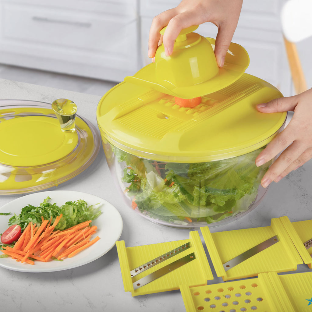 Stelive 11-IN-1 Salad Slicer Salad Spinner Vegetable Chopper Food Choppers Vegetable Slicer Fruit Cutter Food Dicer with Container Hand Guard (Yellow)