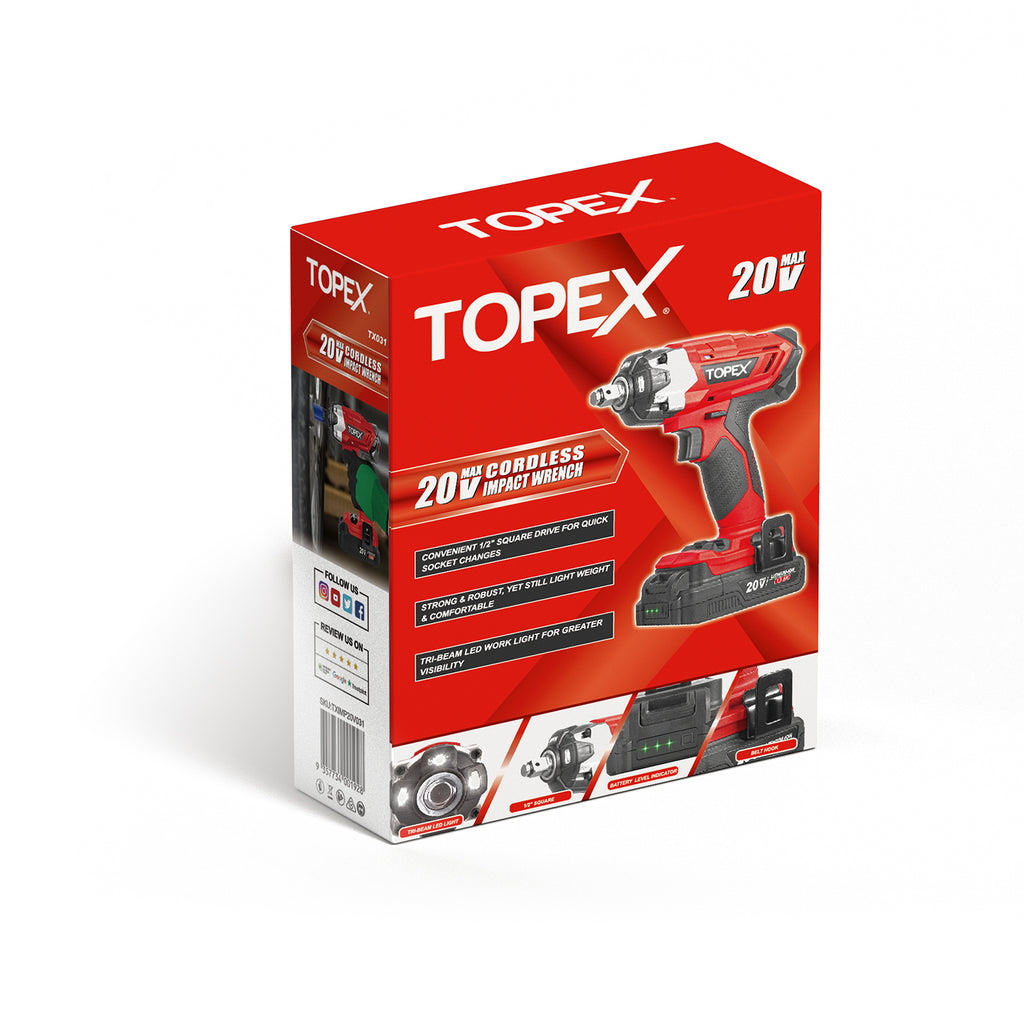 TOPEX 2 in 1 20V Cordless Impact Wrench Driver 1/2" w/ Sockets Battery & Charger(Two Batteries)