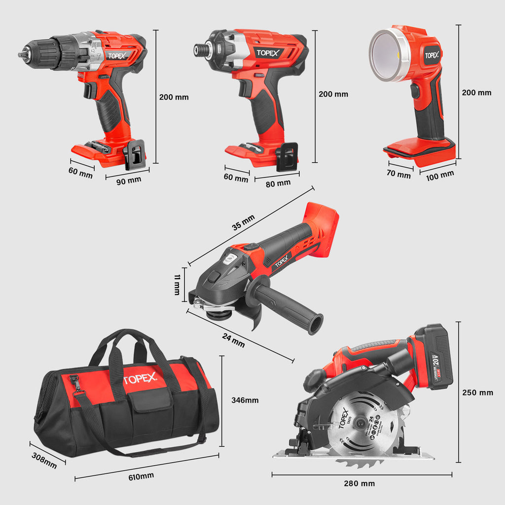 TOPEX 20V Cordless Power Tool Kit Cordless Drill Impact Driver Angle Grinder Circular Saw LED Torch w/ Tool Bag