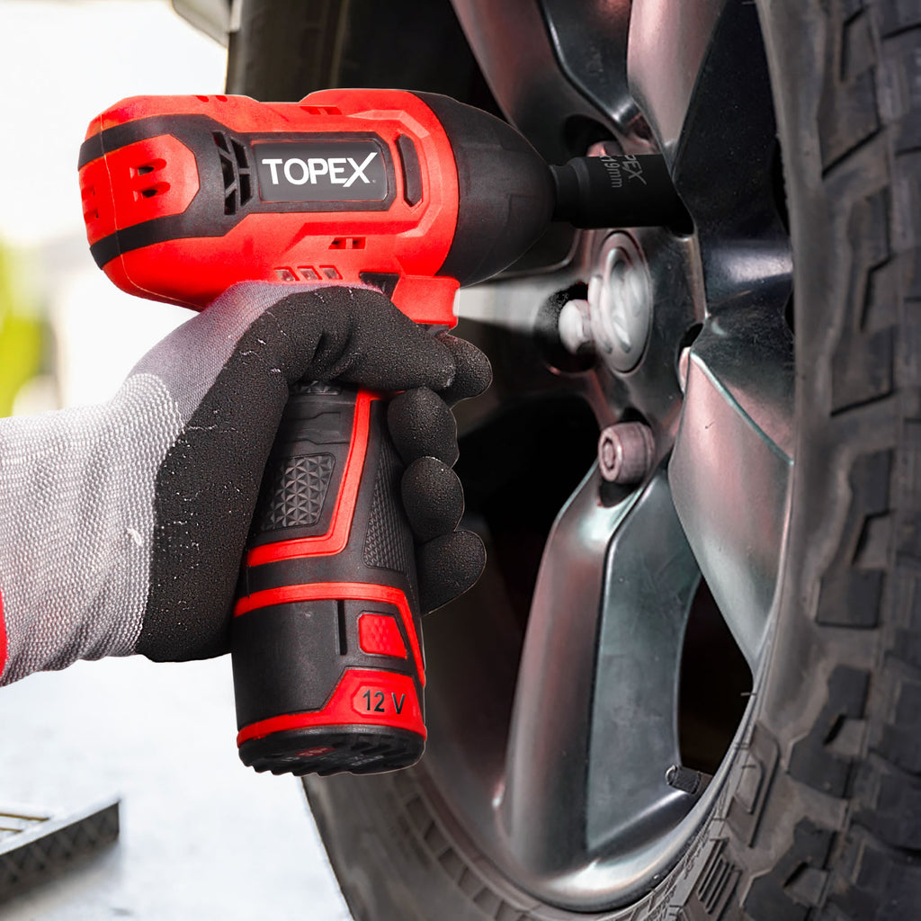 TOPEX 12V Cordless Impact Wrench with 3/8-Inch Chuck, Torque Max 120 N.m, 6 Sockets Skin Only without Battery