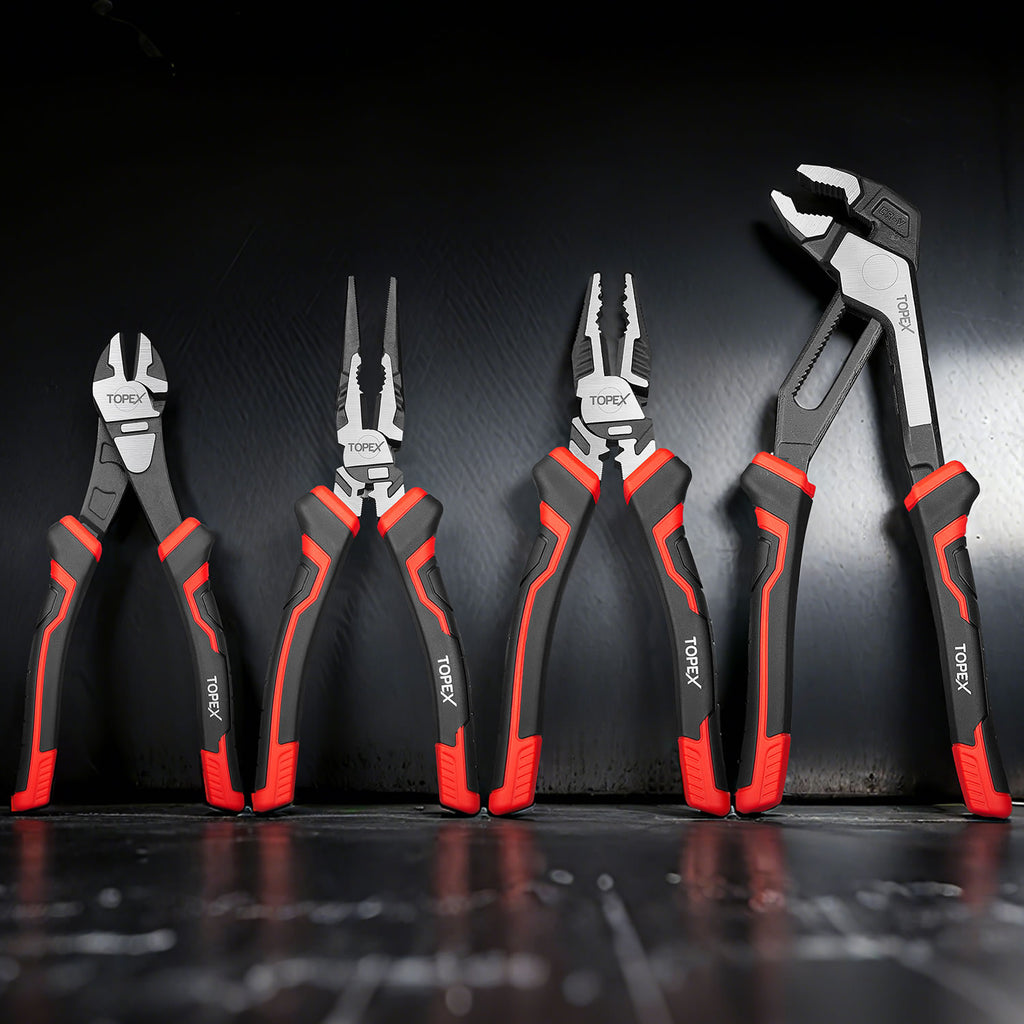 TOPEX 4 Piece Pliers Set (190 mm Diagonal Cutters, 200 mm Combination Pliers, 200 mm Long Nose Pliers, 250 mm Water Pump Pliers) for Demanding Tasks & Home Use