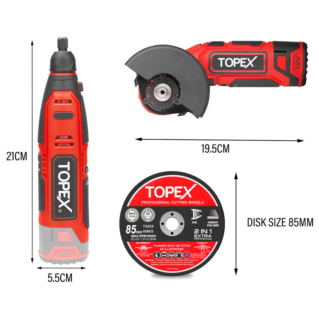 TOPEX 12V Cordless Rotary Tool  W/12V Cordless Angle Grinder & Lithium Battery