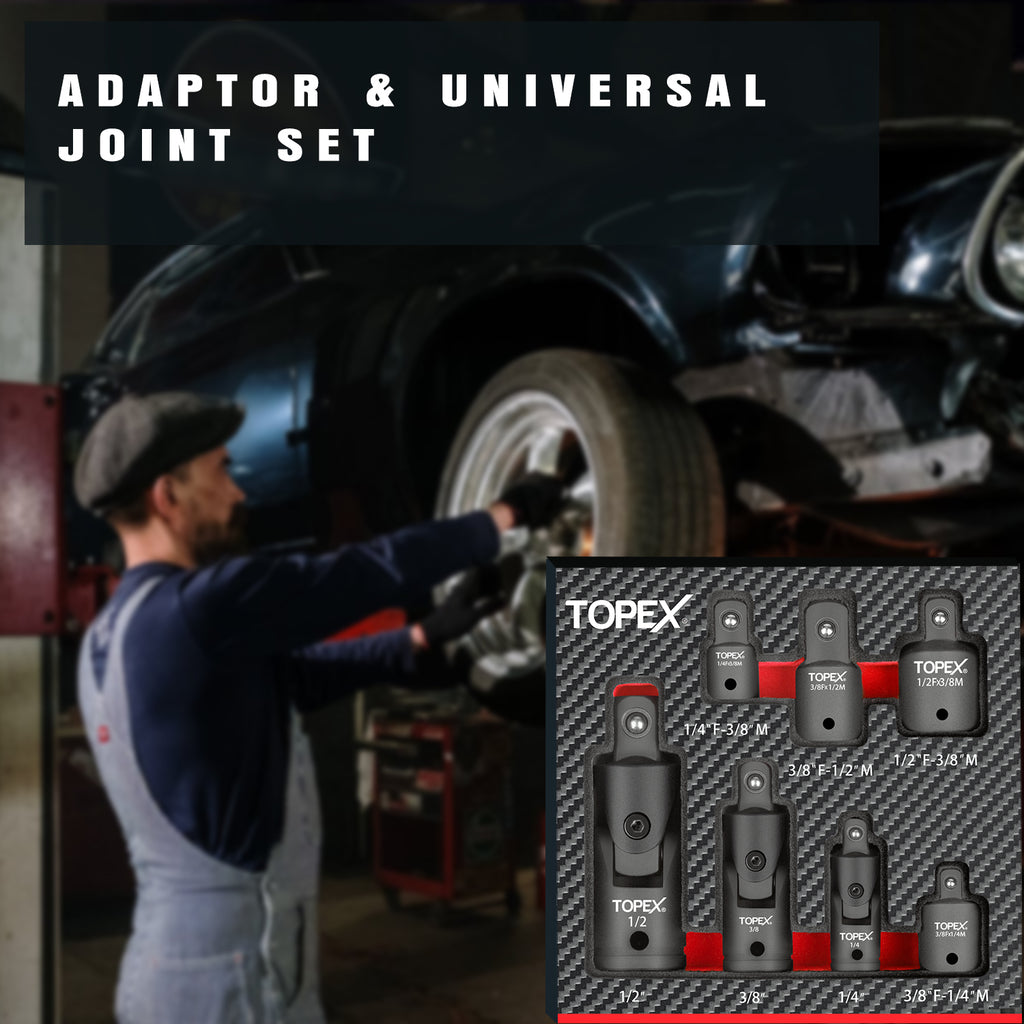 TOPEX 7-piece socket adaptor set 1/4" 3/8" and 1/2" universal joint socket adaptor