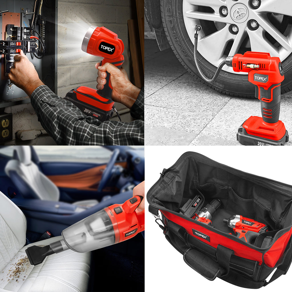 TOPEX 20V Cordless Combo Kit Tyre Inflator Handheld Vacuum Cleaner LED Torch w/ Tool Bag