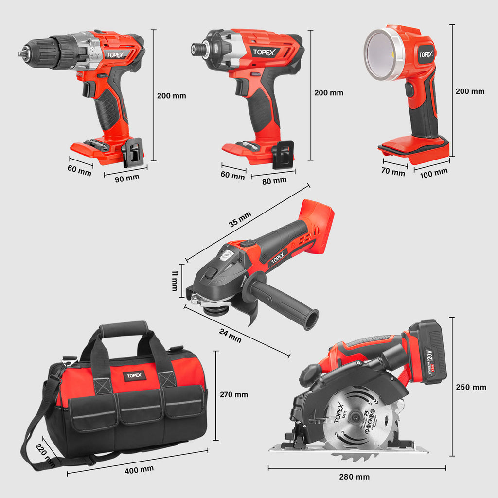 TOPEX 20V Cordless Power Tool Kit Cordless Drill Impact Driver Angle Grinder Circular Saw LED Torch w/ Tool Bag