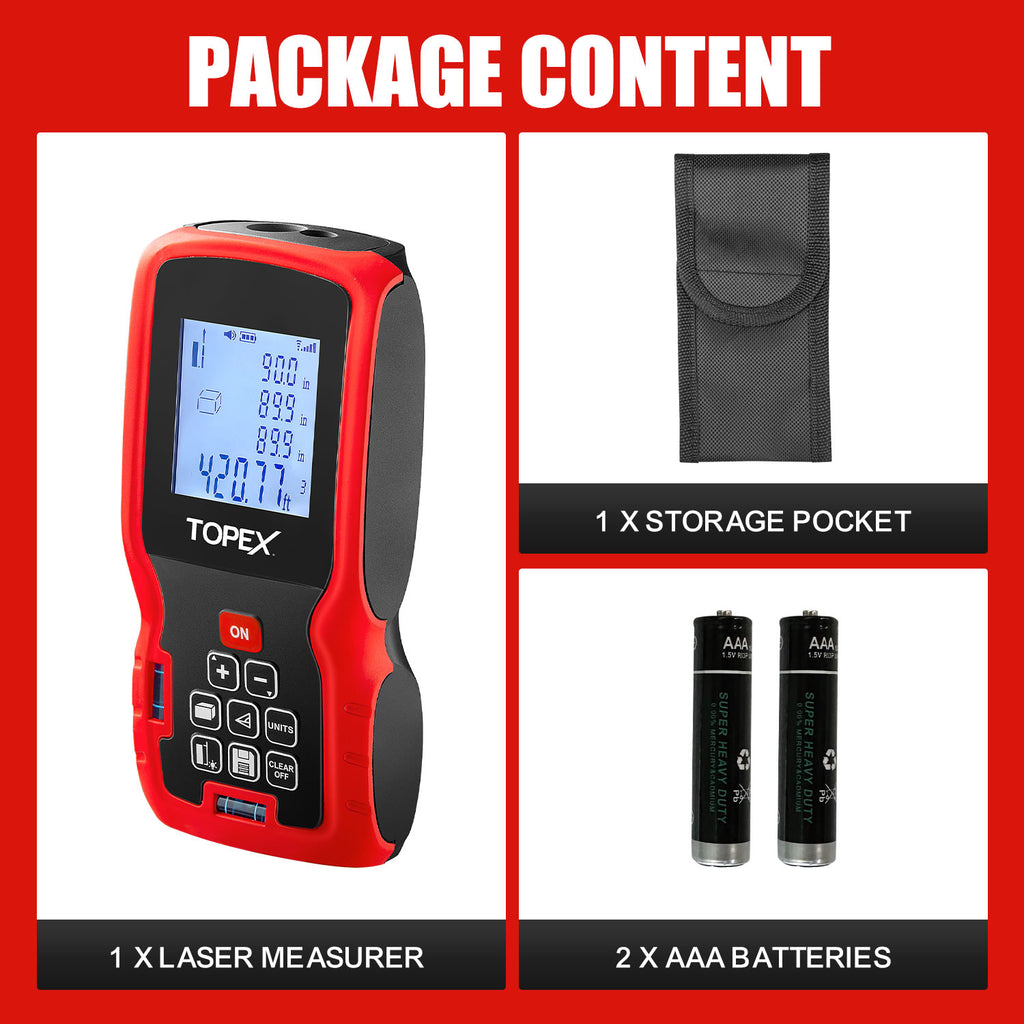 TOPEX Laser Distance Meter Laser Measurement Tool Laser Measure Digital Laser Measurer Measure Distance Area and Volume Battery Included