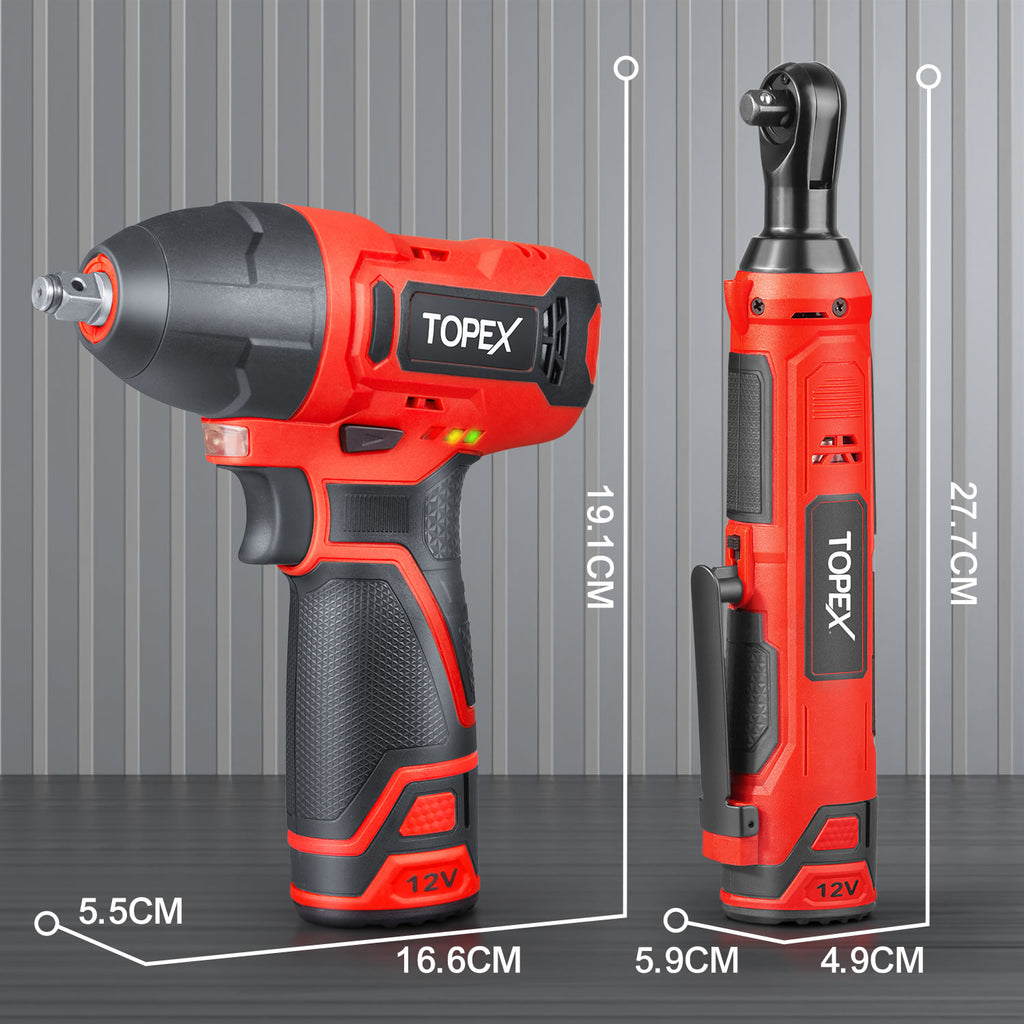 TOPEX 12V Power Tool Twin Kit Cordless Wrenches Impact Wrench with 6 Sockets & 3/8" Electric Ratchet Wrench 300RPM Variable Speed LED Light w/ 2 Lithium-Ion Batteries & 16-inch Multi-Pocket Tool Bag