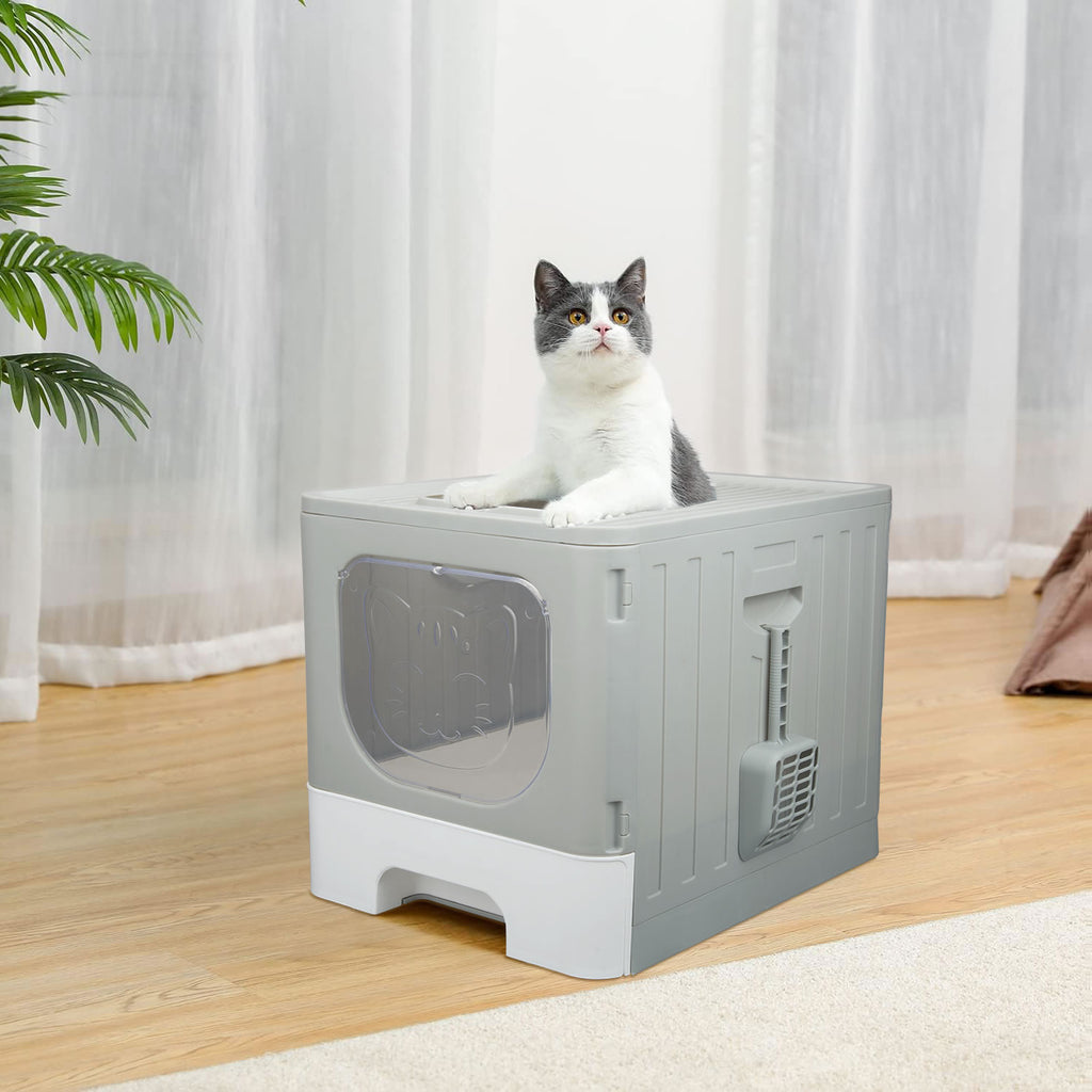 truepal Foldable Cat Litter Box/Basin Pet Toilet Anti-splashing Top Exit Cat Box With Scoop Grey