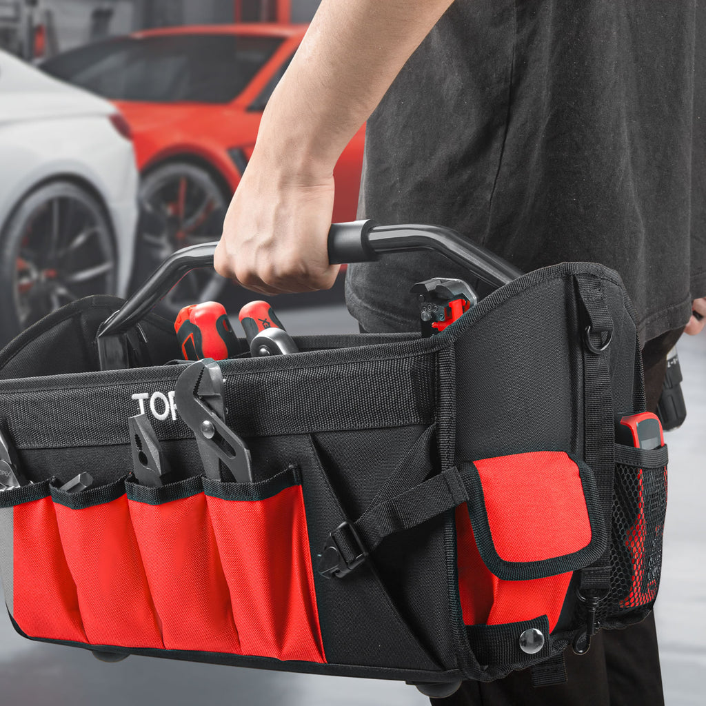 TOPEX 16-Inch Tool Bag – Multi-Pocket Organizer With Wide Mouth Opening, Adjustable Shoulder Strap, Heavy-Duty Oxford Fabric – For Electricians, Technicians, Gardeners