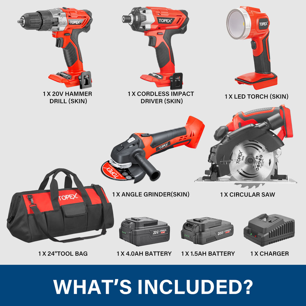 TOPEX 20V Cordless Power Tool Kit Cordless Drill Impact Driver Angle Grinder Circular Saw LED Torch w/ Tool Bag