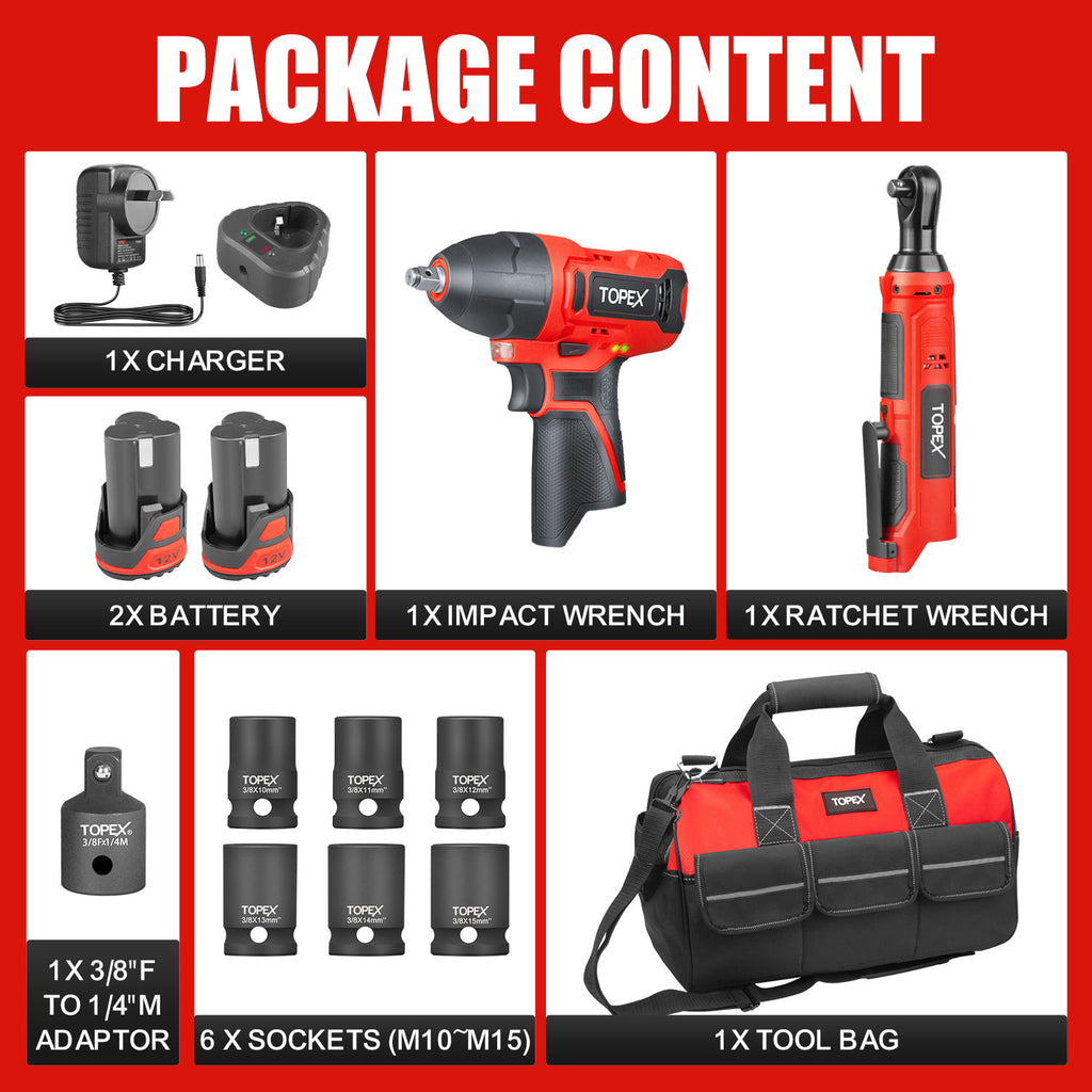 TOPEX 12V Power Tool Twin Kit Cordless Wrenches Impact Wrench with 6 Sockets & 3/8" Electric Ratchet Wrench 300RPM Variable Speed LED Light w/ 2 Lithium-Ion Batteries & 16-inch Multi-Pocket Tool Bag