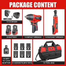 Load image into Gallery viewer, TOPEX 12V Power Tool Twin Kit Cordless Wrenches Impact Wrench with 6 Sockets &amp; 3/8&quot; Electric Ratchet Wrench 300RPM Variable Speed LED Light w/ 2 Lithium-Ion Batteries &amp; 16-inch Multi-Pocket Tool Bag