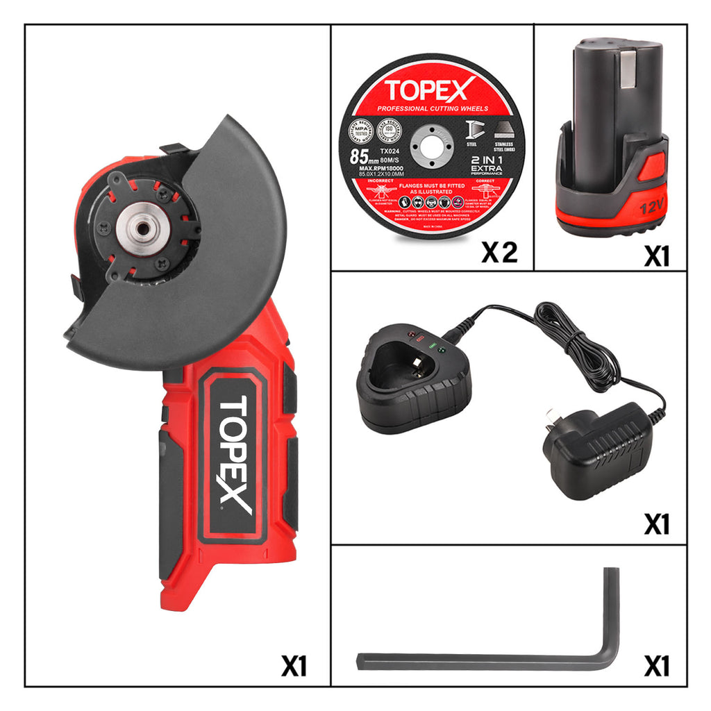 TOPEX 12V Cordless Angle Grinder 1 Wrench for Metal and Wood w/12V 2.0Ah Lithium-Ion Battery&14.4V /0.4A charger