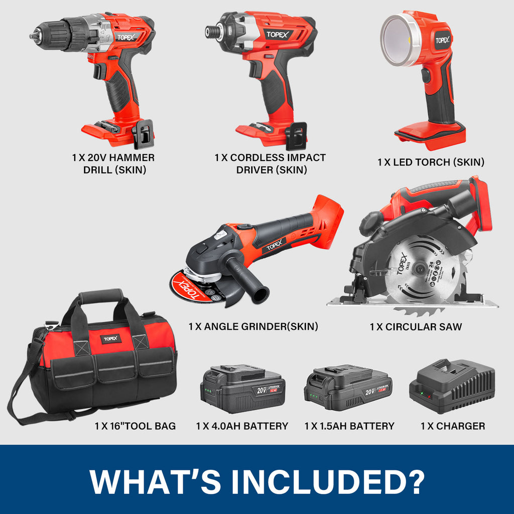 TOPEX 20V Cordless Power Tool Kit Cordless Drill Impact Driver Angle Grinder Circular Saw LED Torch w/ Tool Bag