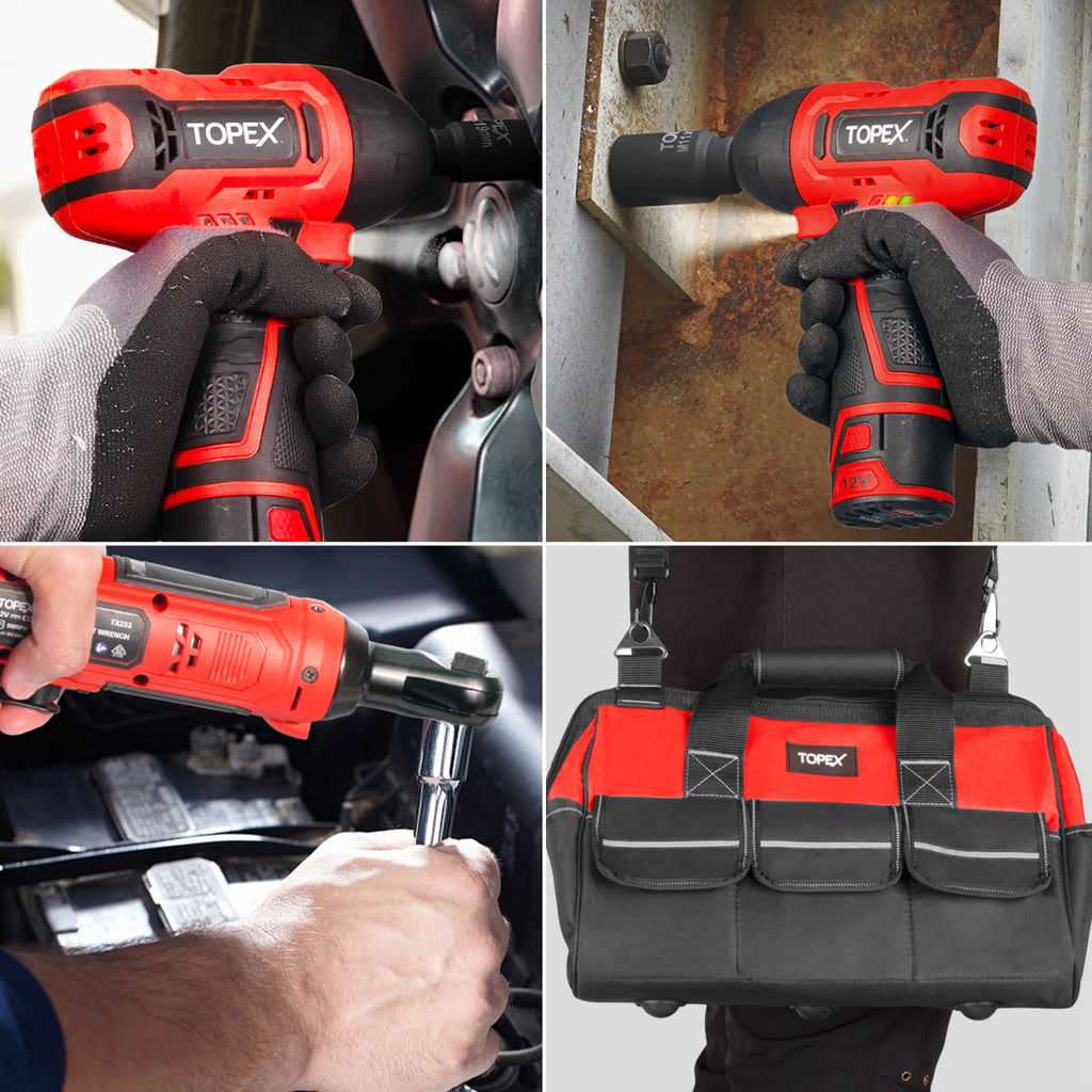 TOPEX 12V Power Tool Twin Kit Cordless Wrenches Impact Wrench with 6 Sockets & 3/8" Electric Ratchet Wrench 300RPM Variable Speed LED Light w/ 2 Lithium-Ion Batteries & 16-inch Multi-Pocket Tool Bag