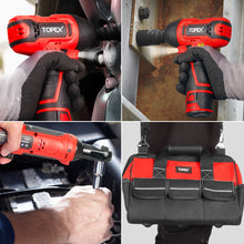 Load image into Gallery viewer, TOPEX 12V Power Tool Twin Kit Cordless Wrenches Impact Wrench with 6 Sockets &amp; 3/8&quot; Electric Ratchet Wrench 300RPM Variable Speed LED Light w/ 2 Lithium-Ion Batteries &amp; 16-inch Multi-Pocket Tool Bag