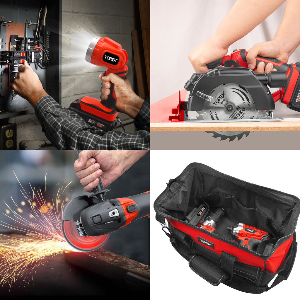 TOPEX 20V Cordless Power Tool Kit Cordless Drill Impact Driver Angle Grinder Circular Saw LED Torch w/ Tool Bag