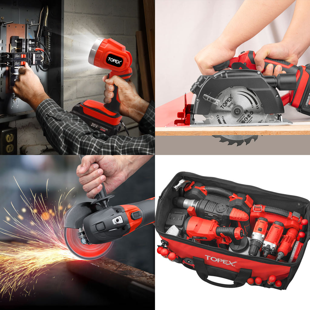 TOPEX 20V Cordless Power Tool Kit Cordless Drill Impact Driver Angle Grinder Circular Saw LED Torch w/ Tool Bag