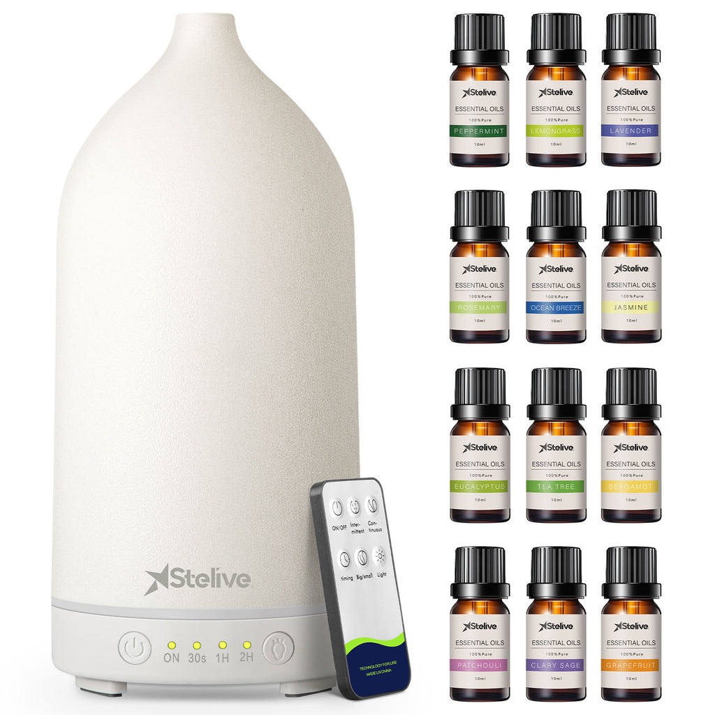 Stelive Oil Diffuser and Essential Oils Set, 200ml Ultrasonic Aromatherapy Oil Diffuser and 12Pcs Pure Essential Oil Gift Set, Auto Shut-Off for Home