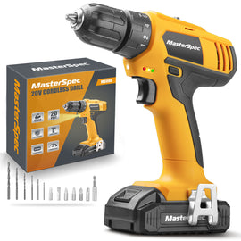 MasterSpec 20V Max Cordless Drill 30N.m 18+1+1 Torque Electric Power Drill Kit w/Li-Ion Battery Pack& Screwdriver Bit Set LED Light